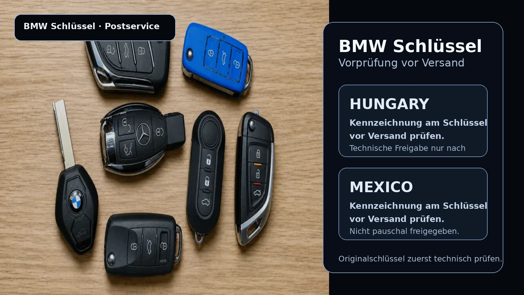 BMW Schlüssel-Vorprüfung mit Hinweis auf Hungary und Mexico Kennzeichnung